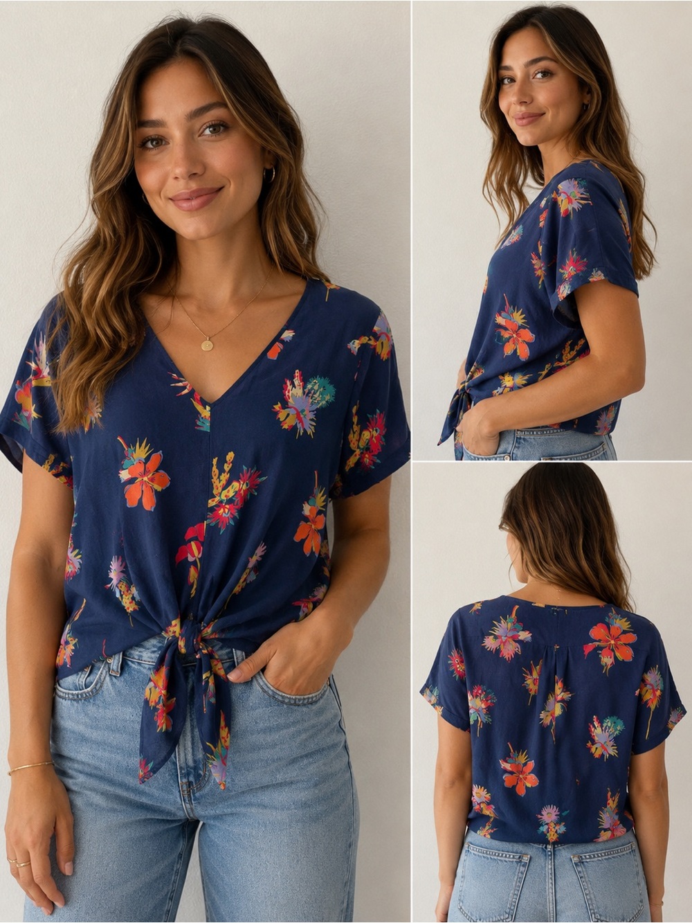 Madewell 100% Silk Floral Tie Front Blouse Navy Short Sleeve Top Size Small